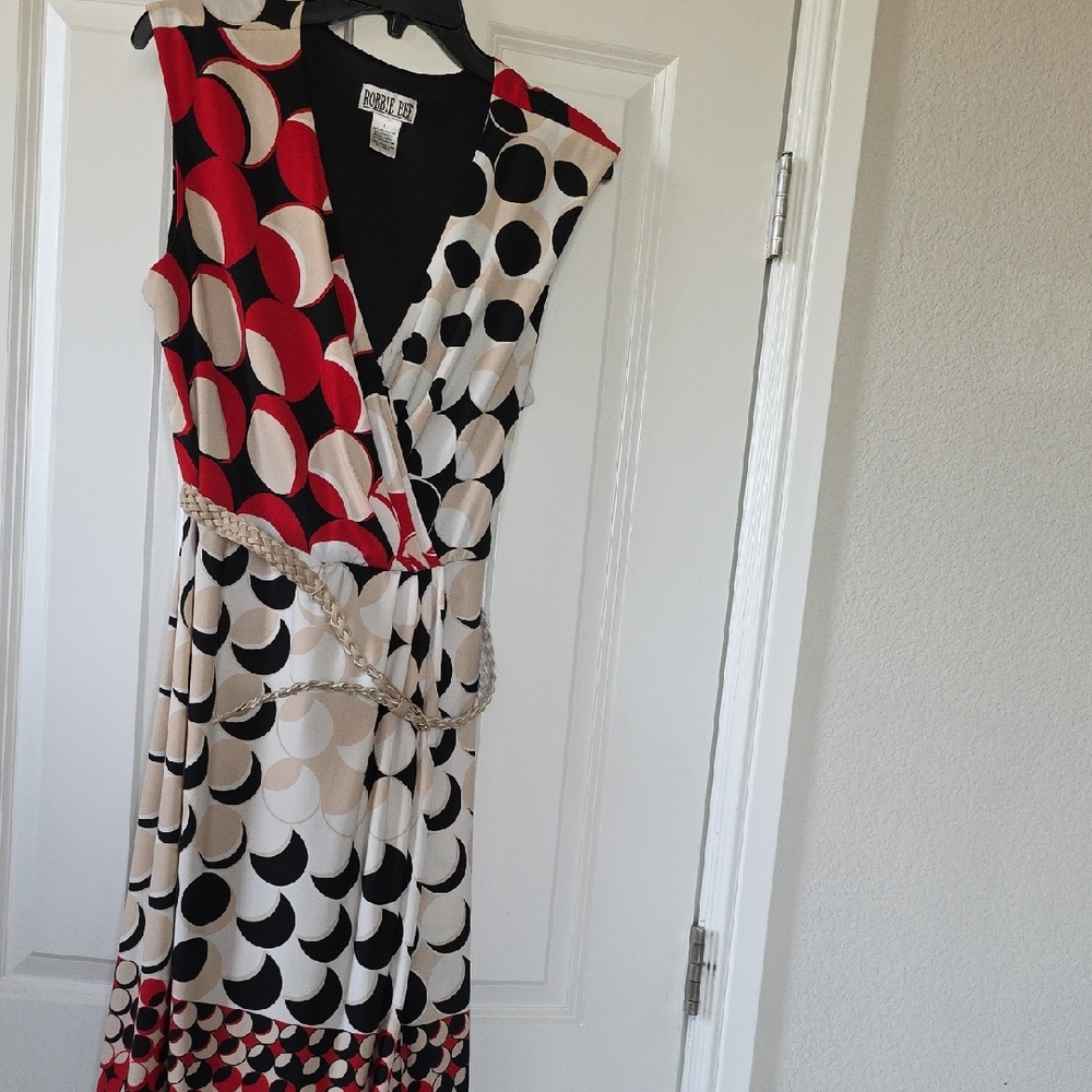 Robbie Bee Asymmetrical Dress in Red, Black, and Cream